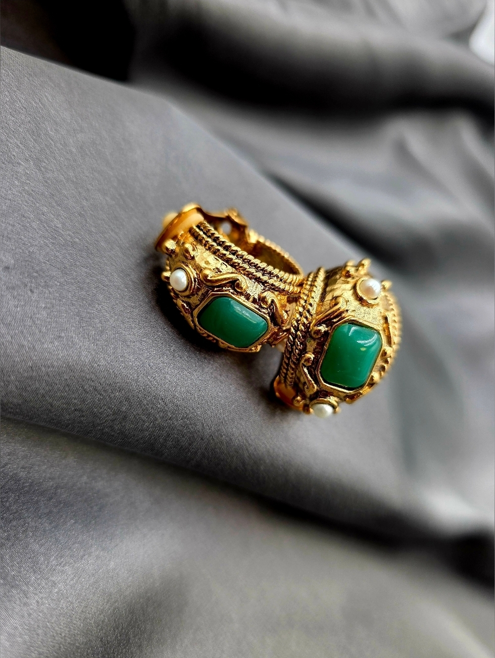 Vintage Vendome Byzantine Clip-On Earrings Gold Green Cabochon Statement Luxe